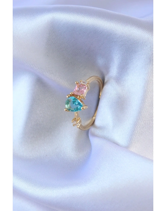 ® Gold Renk Renkli Zirkon Taşlı Pirinç Kadın Yüzük