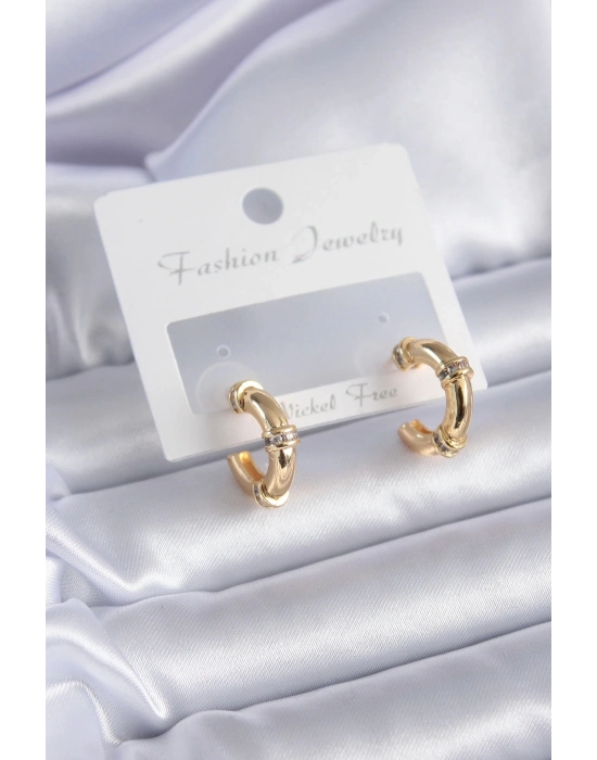 ® Gold Renk Zirkon Taş Detay Halka Model Pirinç Kadın Küpe