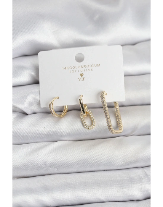 ® Gold Renk Zirkon Taşlı 3lü Kadın Küpe Seti
