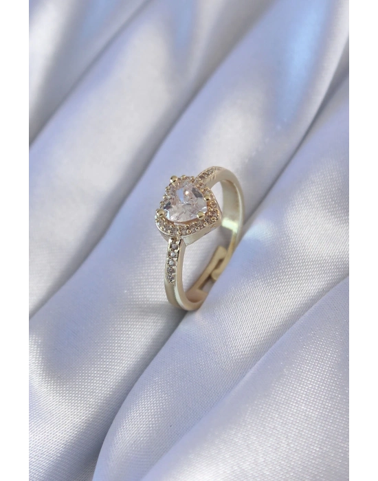 ® Gold Renk Zirkon Taşlı Kalp Model Pirinç Charm Kadın Yüzük