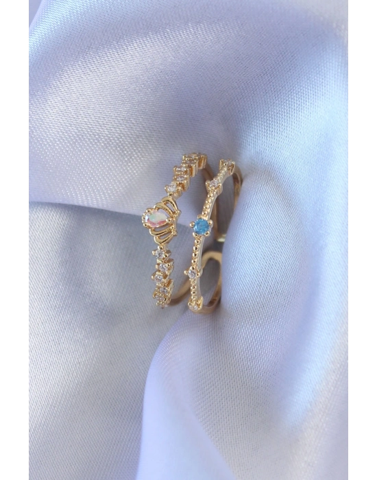 ® Gold Renk Zirkon Taşlı Taç Figür Pirinç Kadın Yüzük