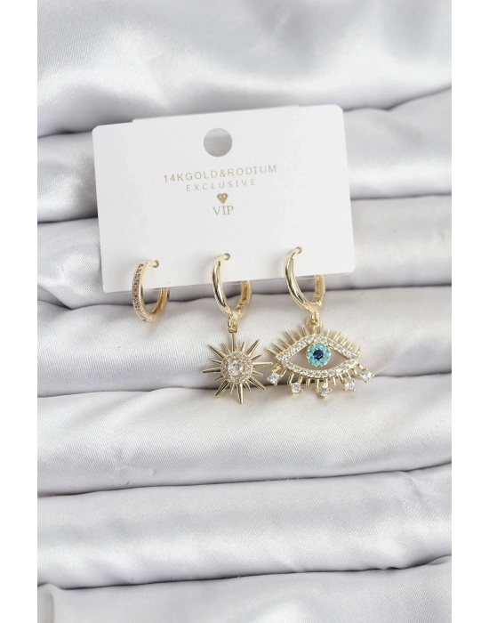 ® Göz Model Gold Renk Pirinç 3lü Kadın Küpe Seti