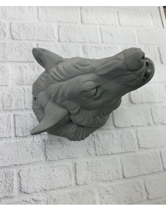 ® Gri Kurt Duvar Dekoru Asılabilir Dekoratif Heykel Tasarım