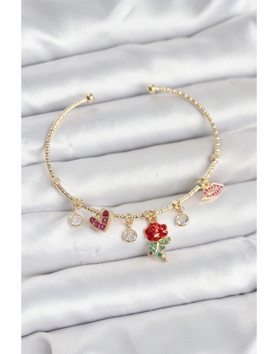 ® Gül Charmlı Gold Renk Pirinç Kadın Bileklik
