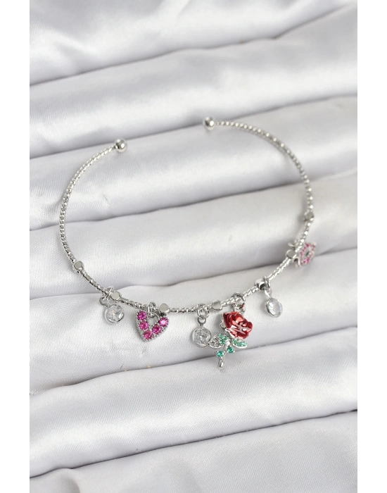 ® Gül Charmlı Gümüş Renk Pirinç Kadın Bileklik