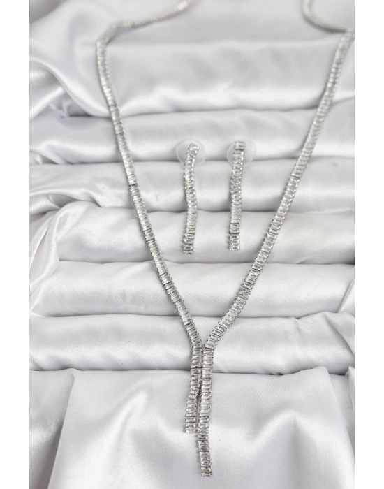 ® Gümüş Renk Baget Zirkon Taşlı Kadın Kolye Küpe Set