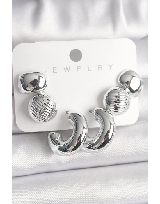 ® Gümüş Renk İşlemeli Daire Halka Model CCB Platik Kadın Küpe Seti