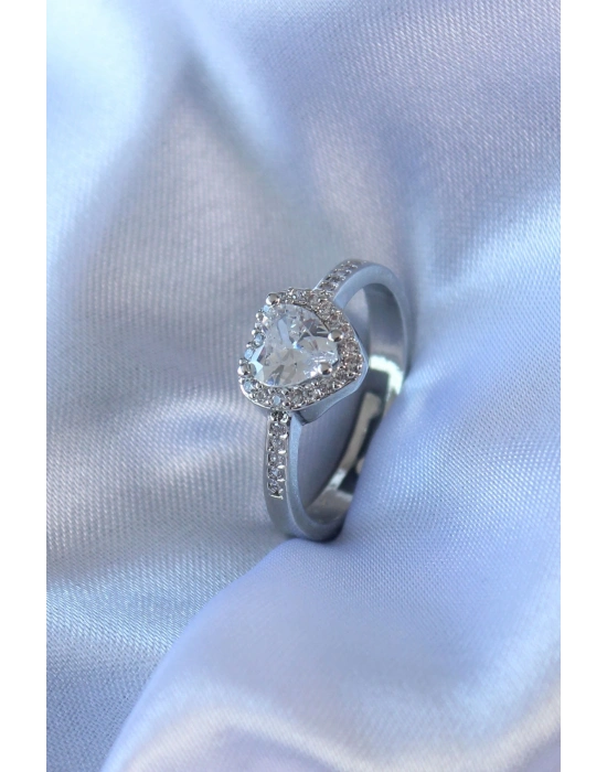 ® Gümüş Renk Kalp Zirkon Taşlı Charm Model Pirinç Kadın Yüzük