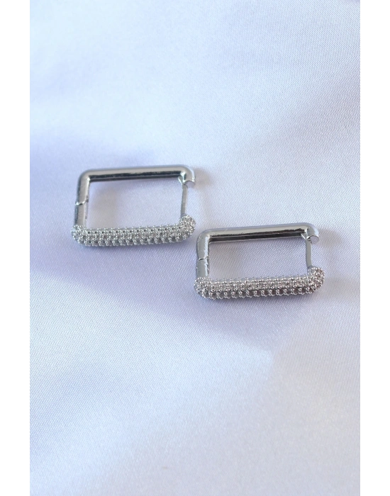 ® Gümüş Renk Kare Model Zirkon Taşlı Pirinç Kadın Küpe