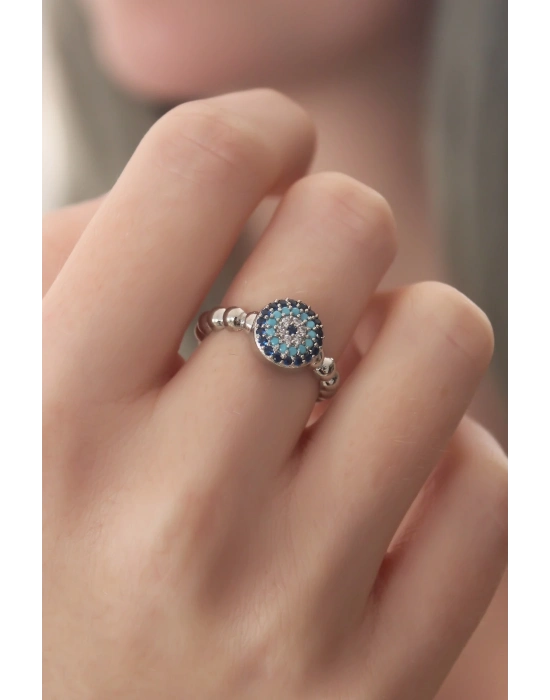 ® Gümüş Renk Nazar Boncuk Figür Zirkon Taş Detay Kadın Yüzük