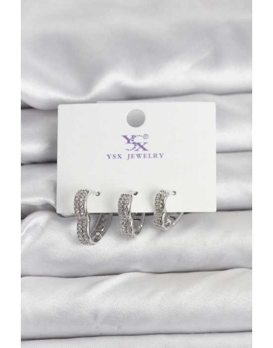 ® Gümüş Renk Pirinç Zirkon Taşlı Kalpli Kadın Küpe