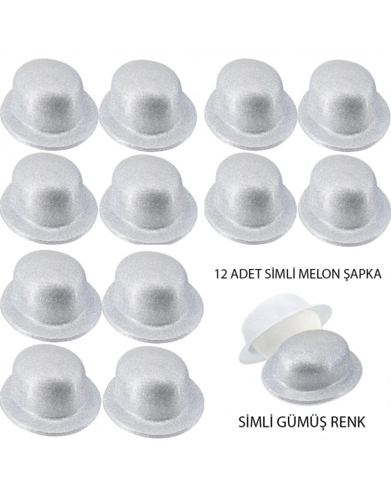 Gümüş Renk Simli Melon Yuvarlak Parti Şapkası 12 Adet