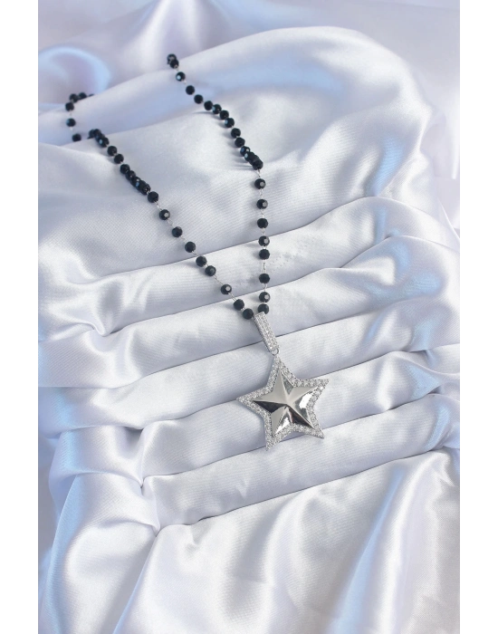 ® Gümüş Renk Siyah Boncuk Zirkon Taşlı Pirinç Yıldız Model VİP Seri Kadın Kolye