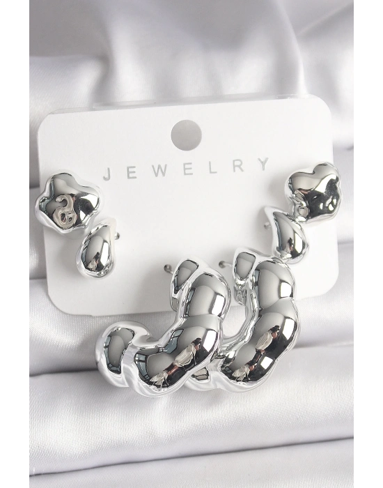 ® Gümüş Renk Yonca Damla Halka Model CCB Plastik Kadın Küpe Seti