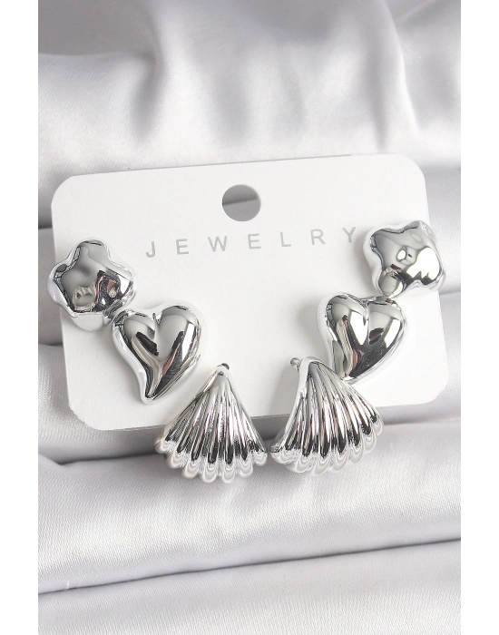 ® Gümüş Renk Yonca Kalp Deniz Kabuğu Figür CCB Kadın Küpe Seti