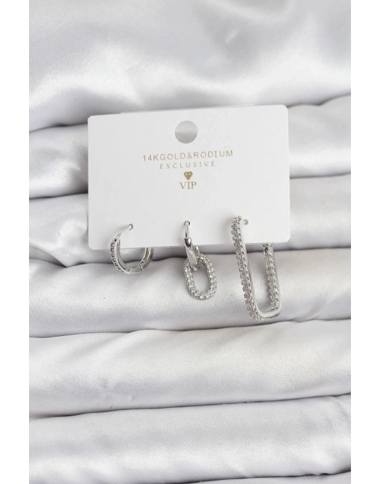 ® Gümüş Renk Zirkon Taşlı 3lü Kadın Küpe Seti