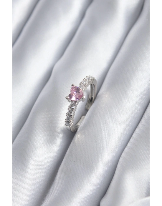 ® Gümüş Renk Zirkon Taşlı Pembe Kristal Kalp Model Kadın Yüzük