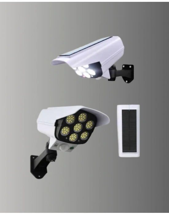 ® Güneş Enerjili LED Lamba + Güvenlik Kamerası Görünümlü– 5-8 m Hareket Algılamalı, Beyaz Işık