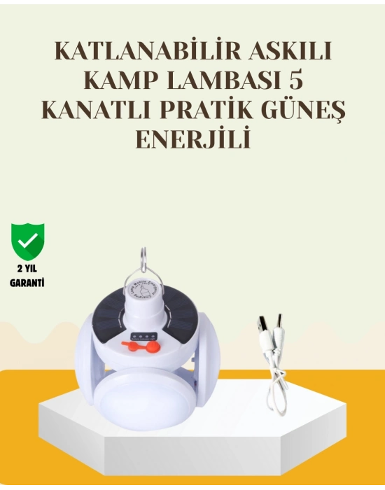 ® Güneş Paneliyle Şarj Olan Katlanabilir LED Çadır Lambası – 5 Kademeli Aydınlatma