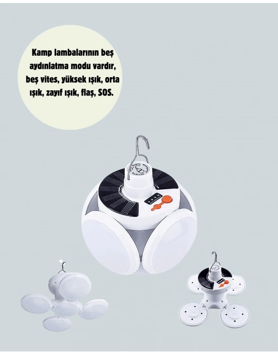 ® Güneş Paneliyle Şarj Olan Katlanabilir LED Çadır Lambası – 5 Kademeli Aydınlatma
