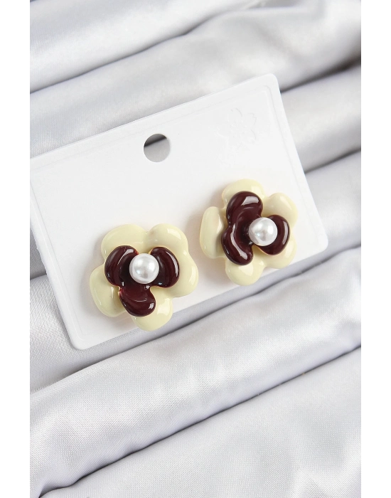 ® İnci Detaylı Krem Kahverengi Renk Papatya Model Kadın Küpe