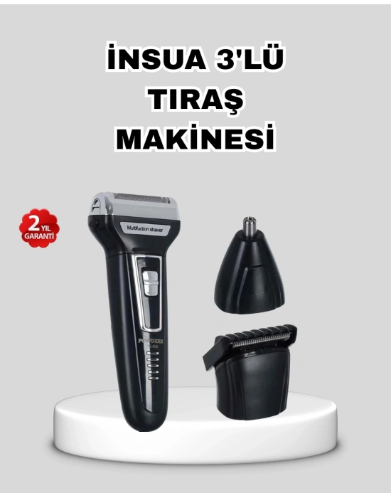 ® İnsua 3’lü Tıraş Makinesi – 3 Farklı Kesim Başlığı, Güçlü Motor, 60 Dakika Kullanım