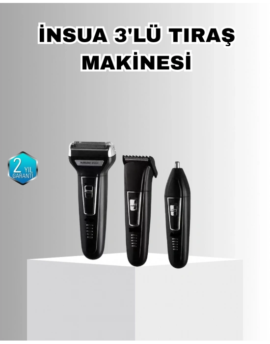 ® İnsua Erkek Bakım Seti – 3 Başlıklı Şarjlı Tıraş Makinesi, 60 Dakika Kablosuz Kullanım