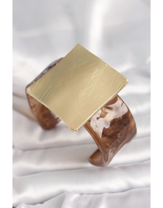 ® Kahverengi Mermer Desen Akrilik Plastik Gold Kare Plaka Model Vintage Kadın Bilezik