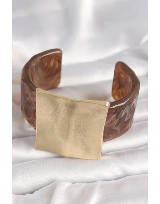 ® Kahverengi Mermer Desen Akrilik Plastik Gold Kare Plaka Model Vintage Kadın Bilezik
