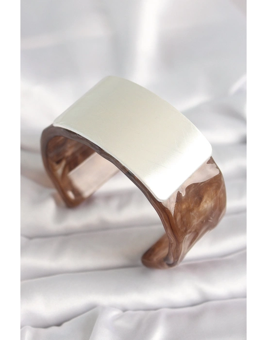 ® Kahverengi Mermer Desen Akrilik Plastik Gümüş Dikdörtgen Plaka Vintage Kadın Bilezik