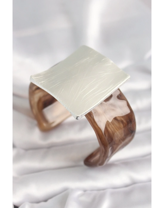 ® Kahverengi Mermer Desen Akrilik Plastik Gümüş Kare Plaka Model Vintage Kadın Bilezik