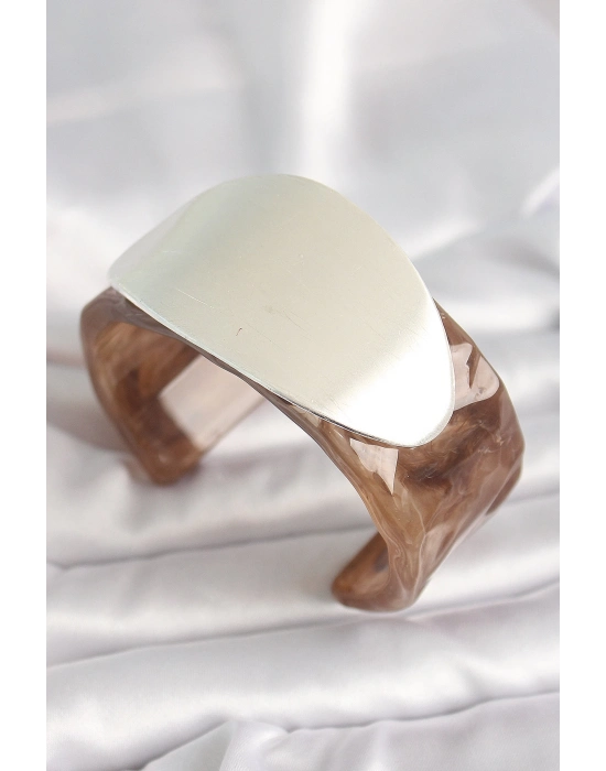 ® Kahverengi Mermer Desen Akrilik Plastik Gümüş Oval Plaka Model Vintage Kadın Bilezik