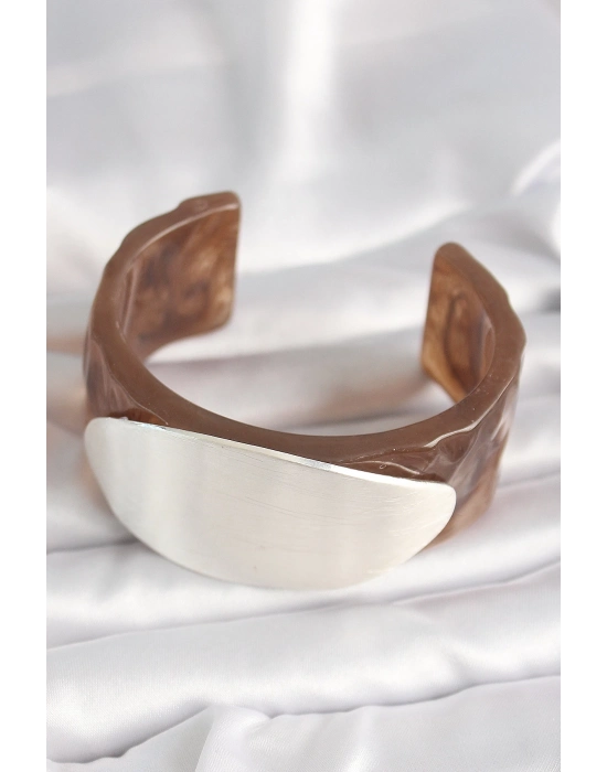 ® Kahverengi Mermer Desen Akrilik Plastik Gümüş Oval Plaka Model Vintage Kadın Bilezik