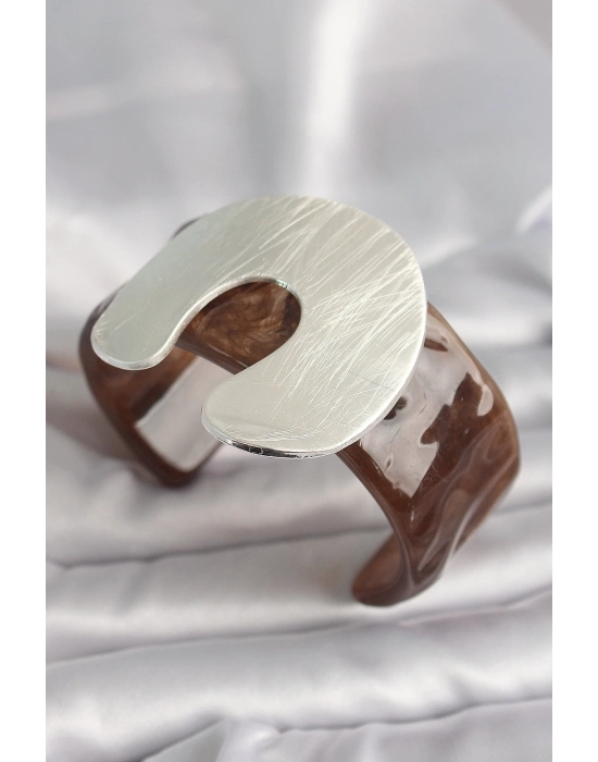 ® Kahverengi Mermer Desen Akrilik Plastik Gümüş Plaka Model Vintage Kadın Bilezik