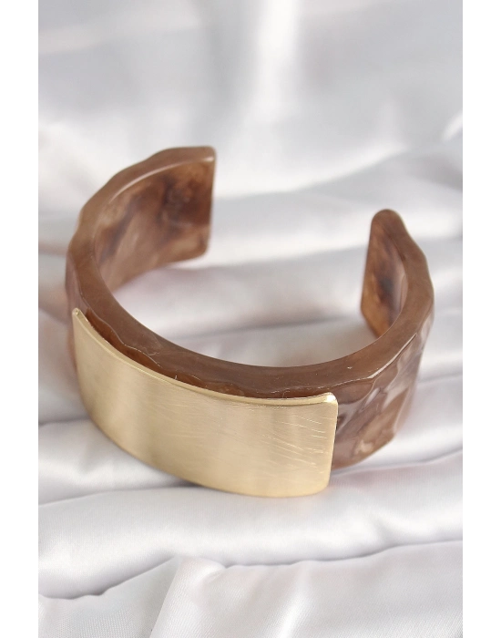 ® Kahverengi Mermer Desen Akrilik Platik Gold Dikdörtgen Plaka Model Vintage Kadın Bilezik