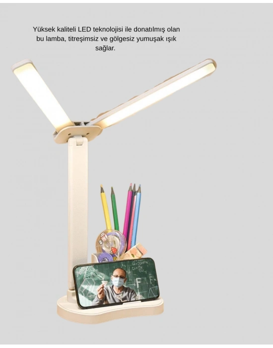 ® Kalemlik ve Telefon Standlı Masa Lambası – Kısılabilir LED Işık, Göz Dostu Tasarım