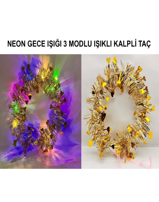 Kalp Püsküllü Gece Parıltısı 3 Modlu LED li Işıklı Taç Altın Renk