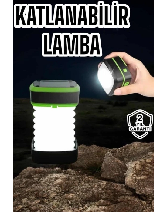 ® Katlanabilir Kamp Lambası Solar Fener Görünümlü 3 Kademeli Şarjlı