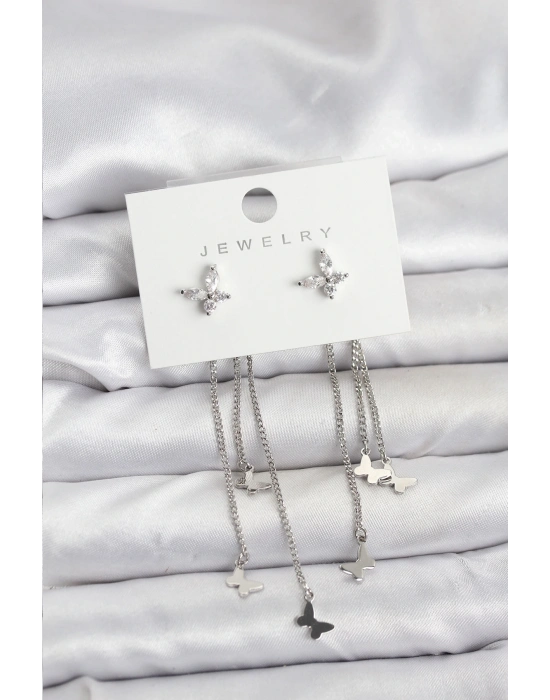 ® Kelebek Model Gümüş Renk Pirinç Sallantılı Kadın Küpe