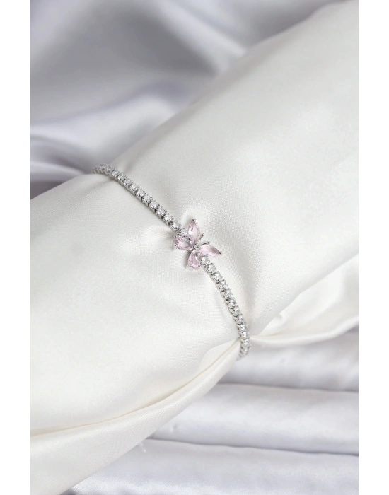 ® Kelebek Model Zirkon Taşlı Gümüş Renk Pirinç Su Yolu Kadın Bileklik