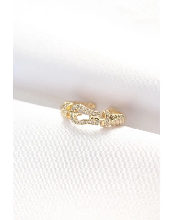 ® Kemer Tokası Tasarımlı Gold Renk Zirkon Taşlı Ayarlanabilir Yüzük