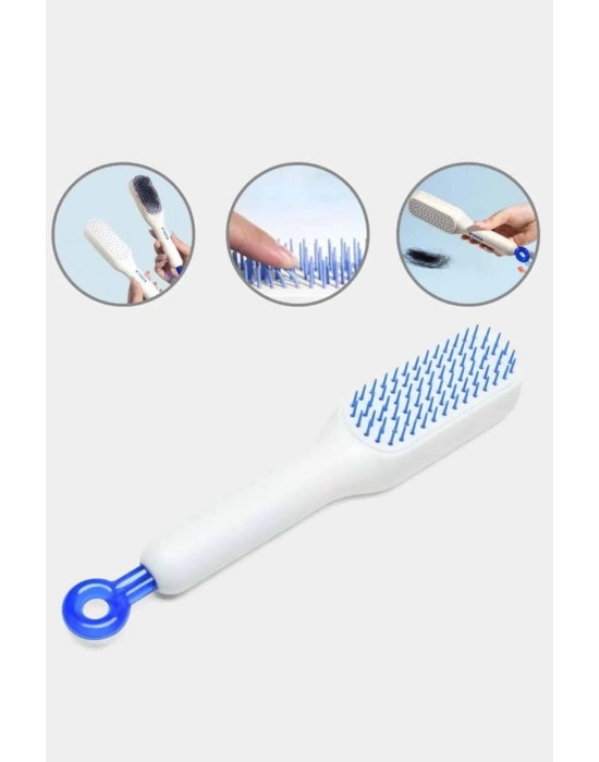 ® Kendi Kendini Temizleyen Otomatik Tuşlu Saç Tarağı Dolaşık Açıcı Masaj Fırçası Silikon Fırça