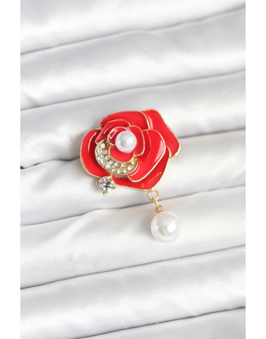 ® Kırmızı Gül İncili Model Broş