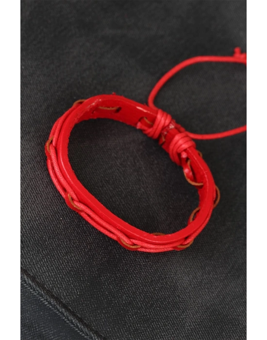 ® Kırmızı Renk Ayarlamalı İpli Deri Erkek Bileklik
