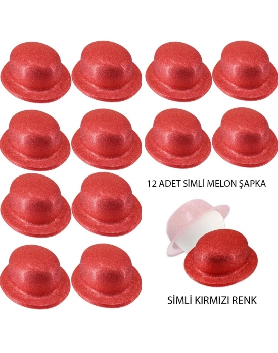 Kırmızı Renk Simli Melon Yuvarlak Parti Şapkası 12 Adet