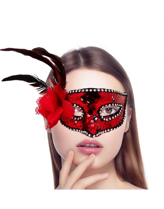 Kırmızı Renk Yandan Tüylü Güllü Gümüş Taşlı Pullu Maske 20x22 cm