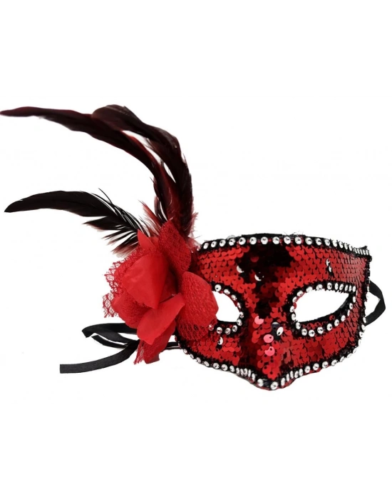 Kırmızı Renk Yandan Tüylü Güllü Gümüş Taşlı Pullu Maske 20x22 cm