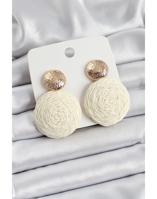 ® Krem Daire Figürlü Hasır Örgü Model Gold Renk Kadın Küpe