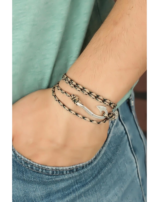 ® Krem Renk Çizgi Desenli Metal Kancalı Erkek Bileklik