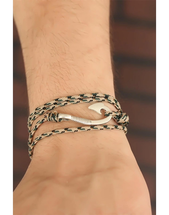 ® Krem Renk Çizgi Desenli Metal Kancalı Erkek Bileklik